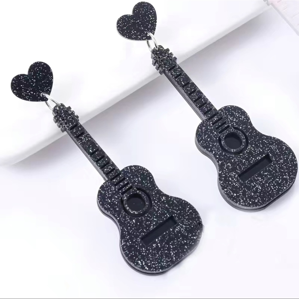 Black Glitter Guitar Drop Earrings